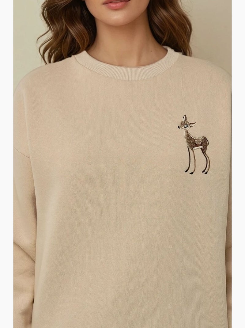 Comfort sweatshirt de gola redonda com padrão animal bordado em relevo hiccup Bege natural - Kiabi