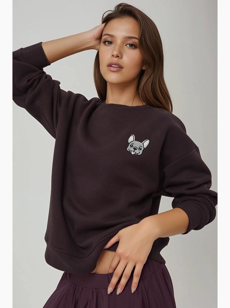 Comfort sweatshirt de gola redonda com padrão animal bordado em relevo hiccup Castanho-escuro - Kiabi
