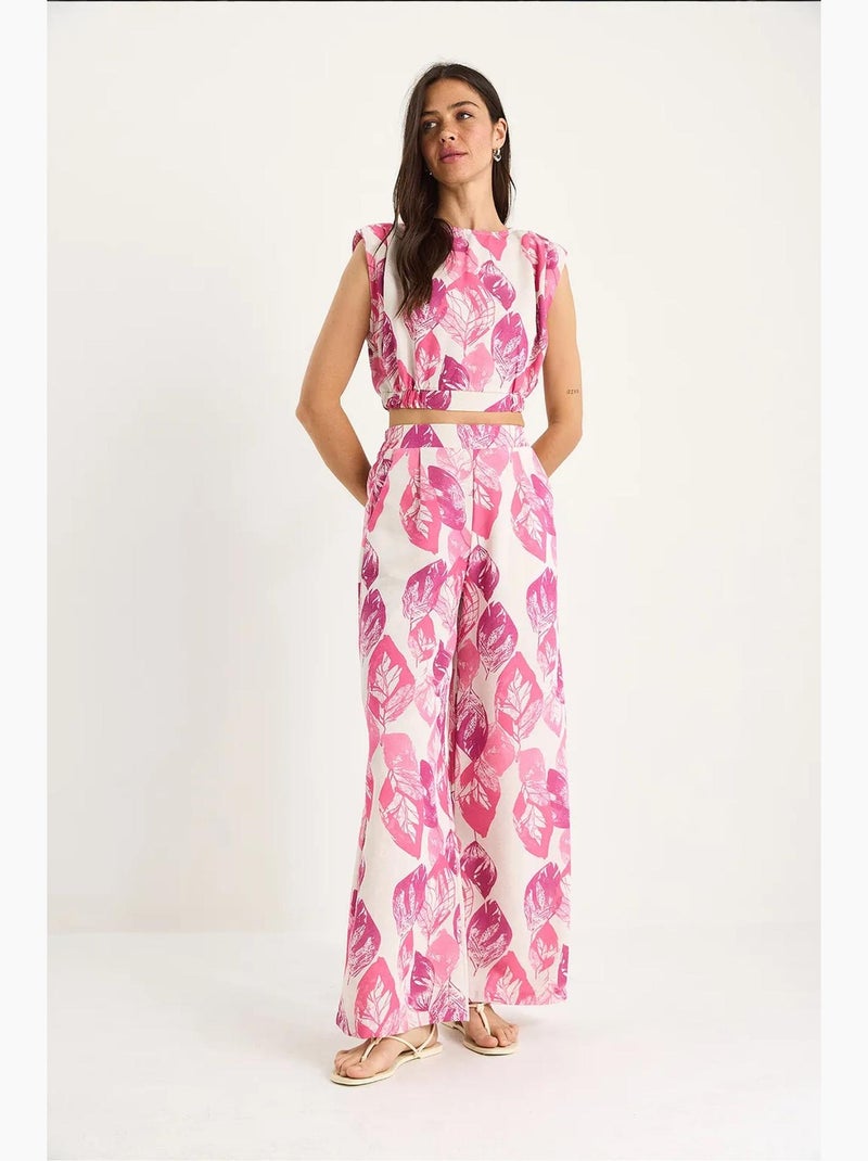 Conjunto 2 peças linho estampado, blusa curta e calças largas lucci Rosa-fluo/Solinotes - Kiabi