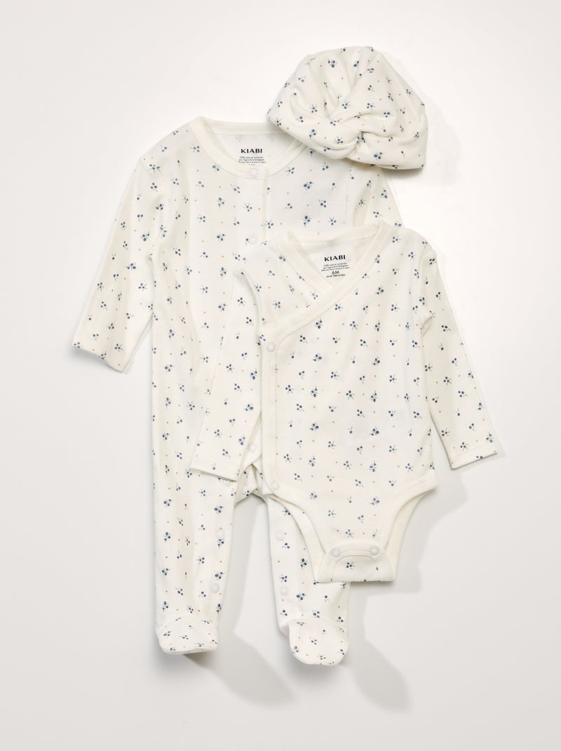 Conjunto 3 peças body + pijama + gorro BRANCO - Kiabi