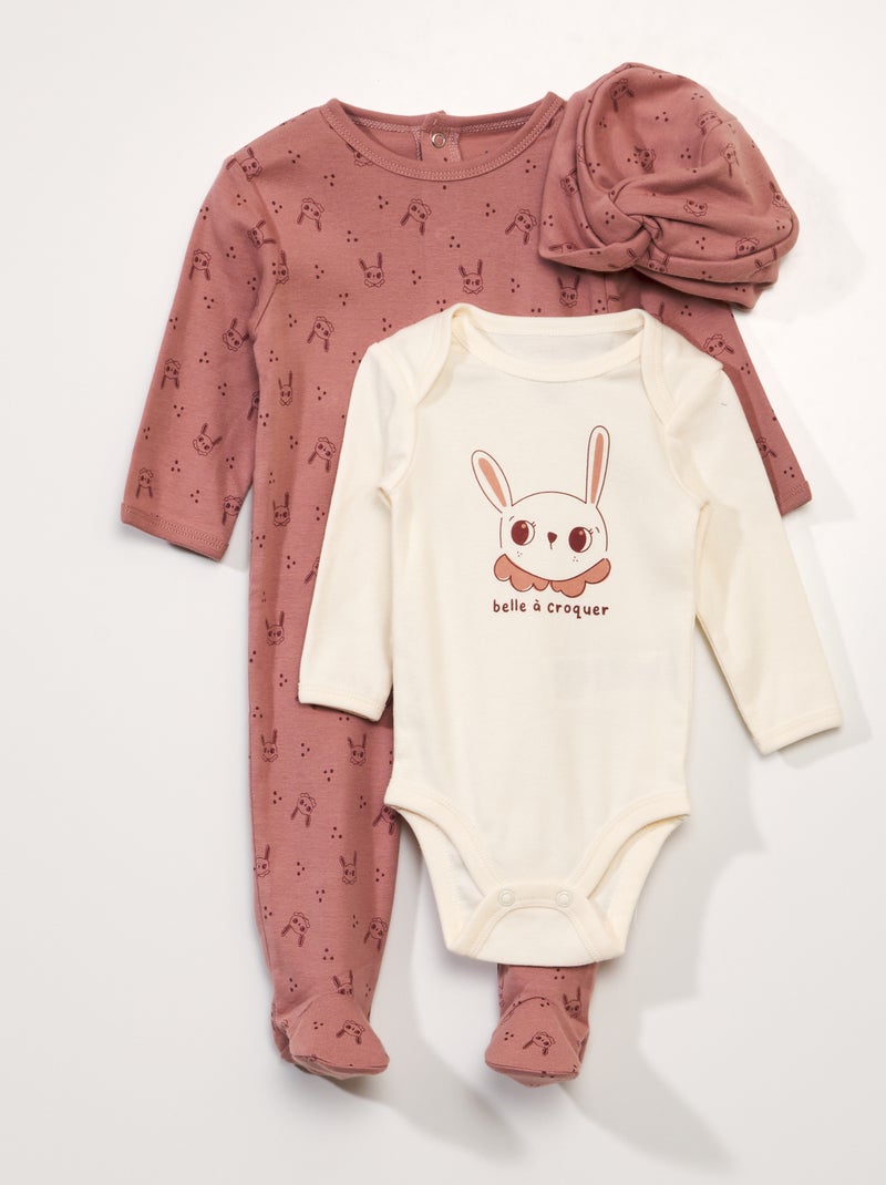 Conjunto 3 peças body + pijama + gorro ROSA - Kiabi