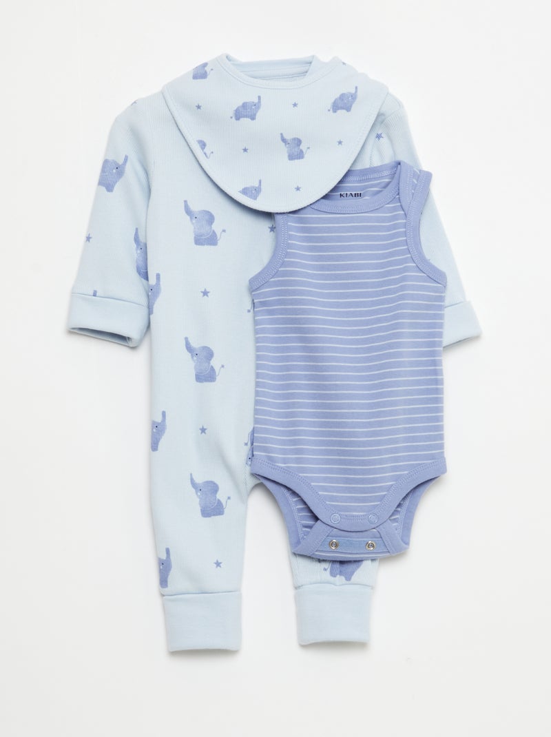Conjunto babygrow + babete + body - 3 peças Azul - Kiabi