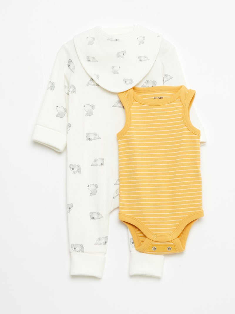 Conjunto babygrow + babete + body - 3 peças Branco - Kiabi