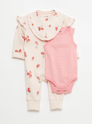 Conjunto babygrow + babete + body - 3 peças