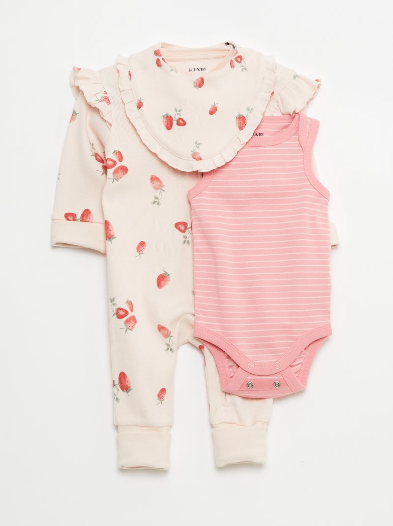 Conjunto babygrow + babete + body - 3 peças Rosa - Kiabi
