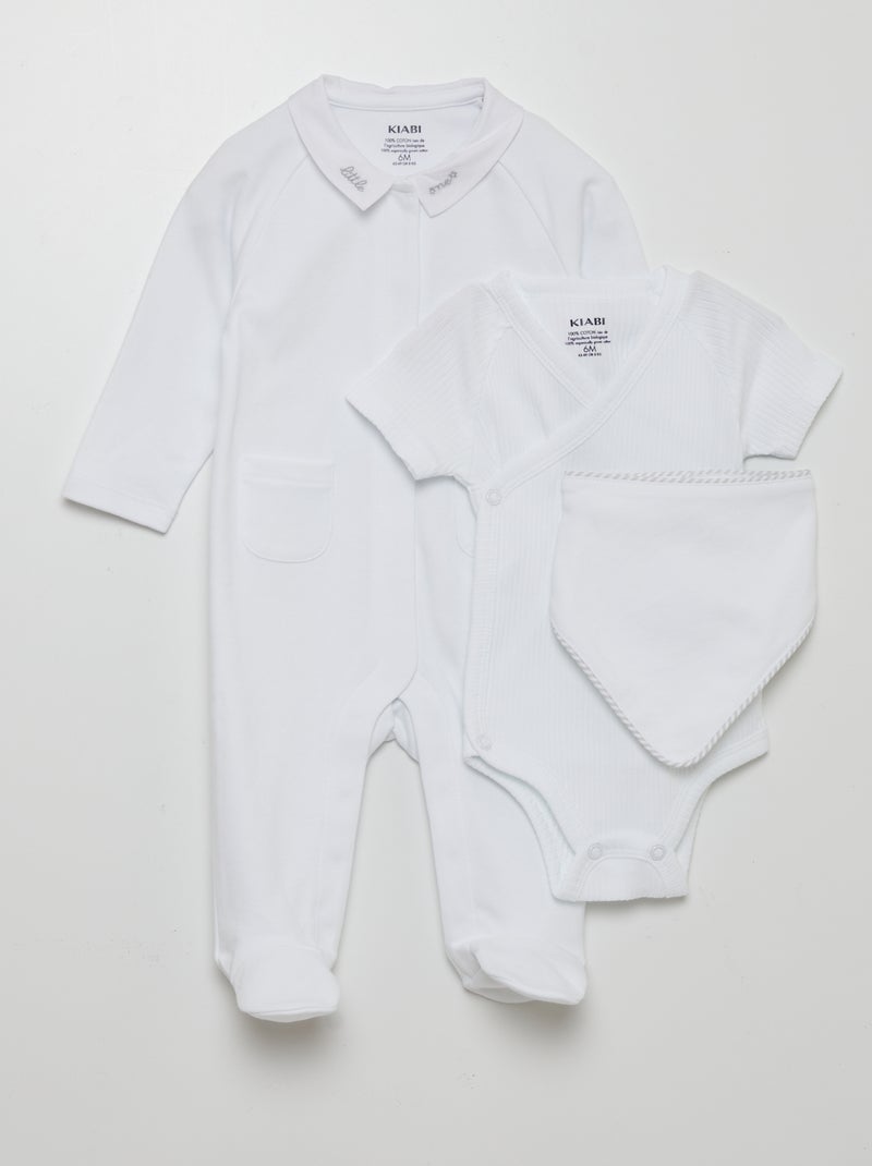Conjunto babygrow + body + babete  - 3 peças BRANCO - Kiabi