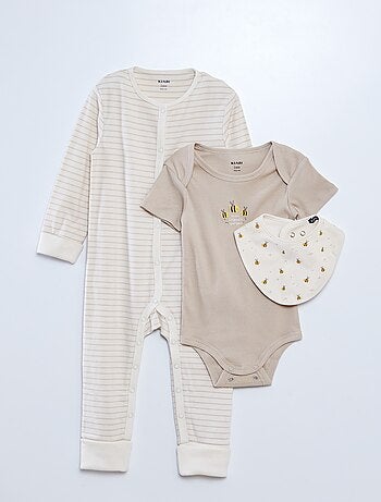 Conjunto babygrow + body + babete - 3 peças