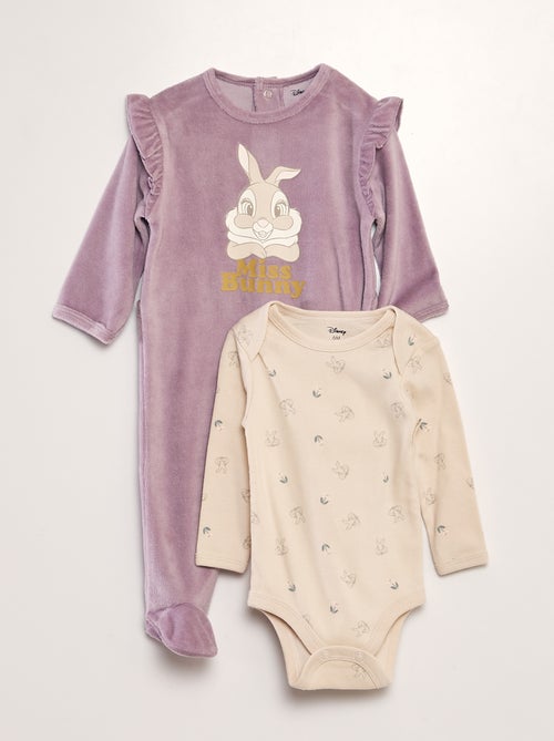 Conjunto babygrow de veludo + body 'Miss Bunny'- 2 peças - Kiabi