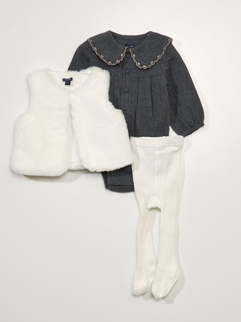 Conjunto bebé body + casaco + collants CINZA - Kiabi