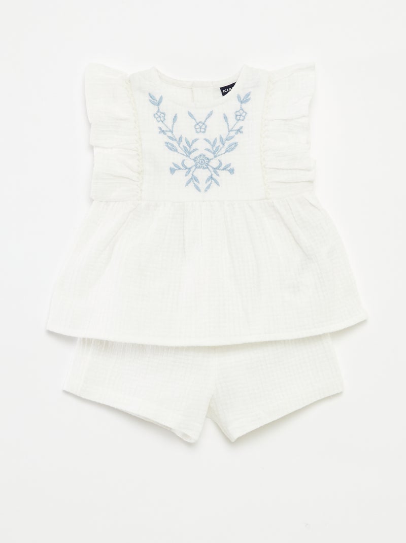 Conjunto blusa bordada + calções - 2 peças Branco - Kiabi