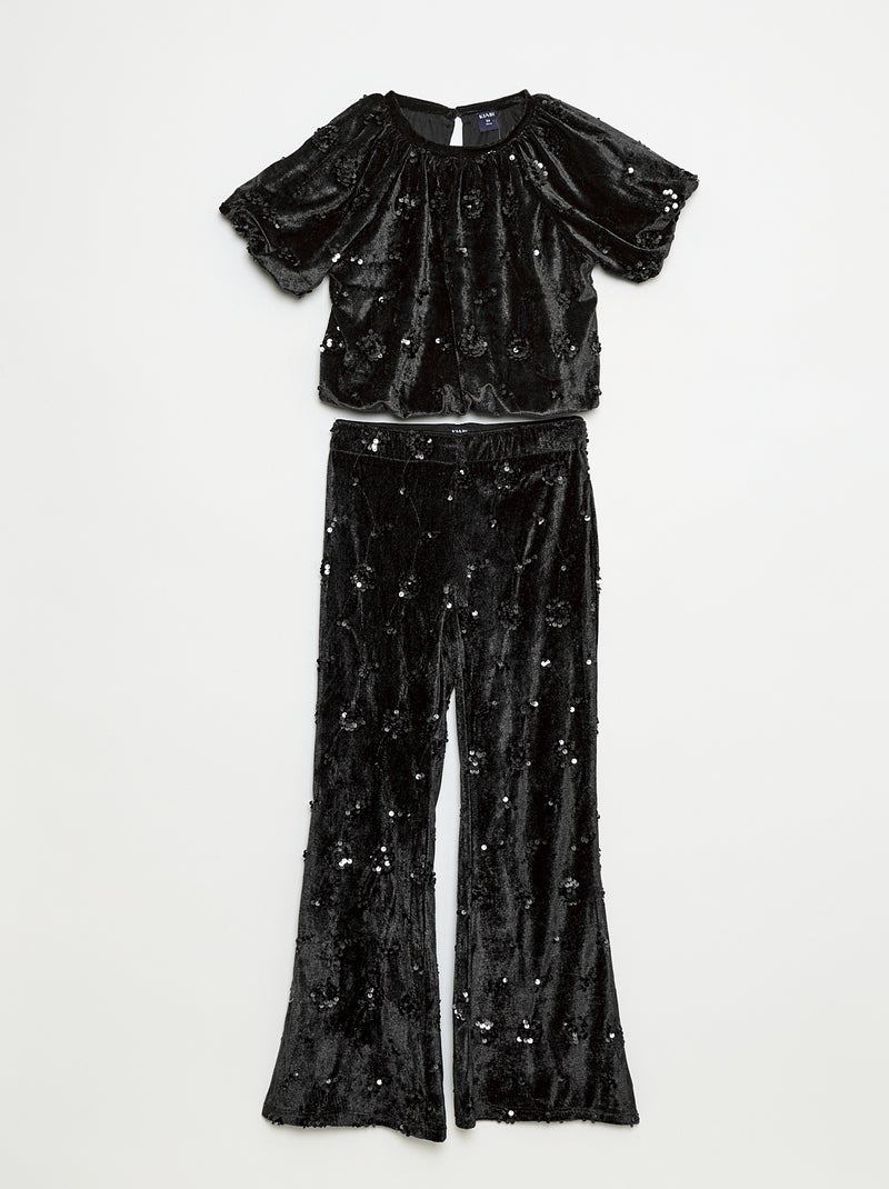Conjunto blusa + calças flare fit em veludo Preto - Kiabi