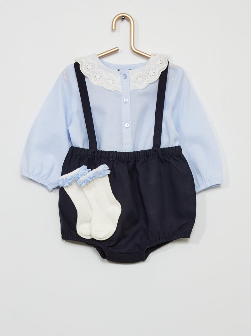 Conjunto blusa+ calções com alças + meias Azul - Kiabi