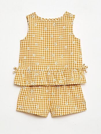 Conjunto blusa + calções com padrão vichy - 2 peças