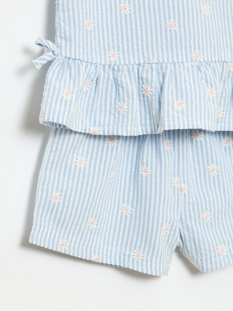 Conjunto blusa + calções com padrão vichy - 2 peças Azul - Kiabi