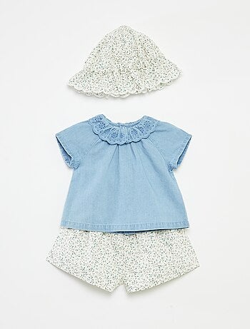 Conjunto blusa de manga curta + calções + chapéu - 3 peças