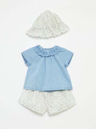 Conjunto blusa de manga curta + calções + chapéu  - 3 peças