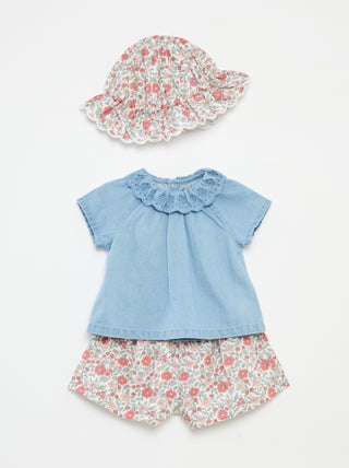 Conjunto blusa de manga curta + calções + chapéu  - 3 peças