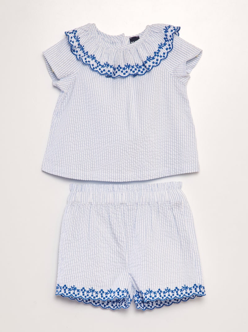 Conjunto blusa e calções às riscas e bordado - 2 peças AZUL - Kiabi