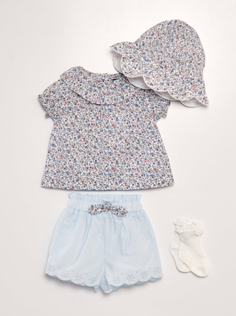 Conjunto blusa e calções + chapéu + meias BRANCO - Kiabi