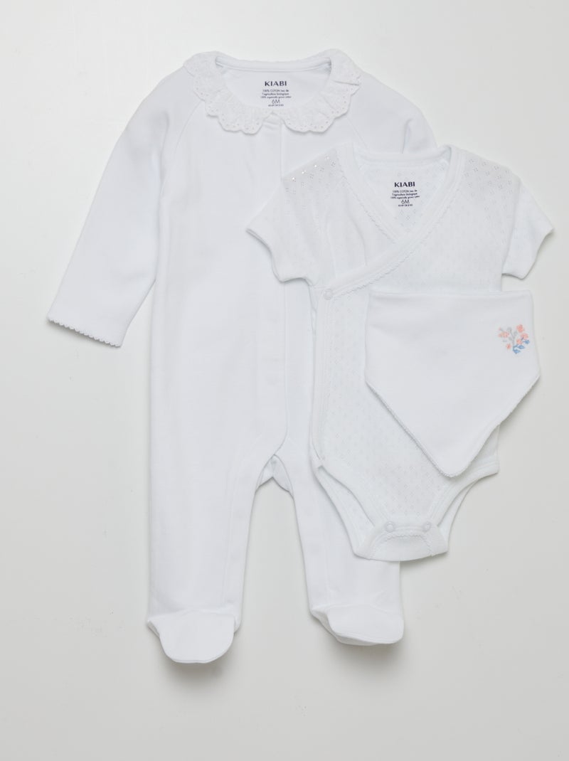 Conjunto body + babete + babygrow - 3 peças BRANCO - Kiabi