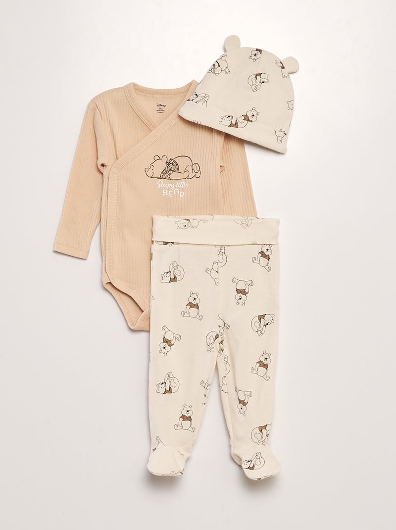 Conjunto body com forma cruzada + leggings com pé + gorro - 3 peças BEGE - Kiabi