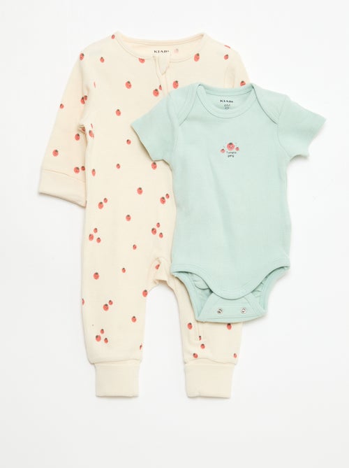 Conjunto body evolutivo + babygrow em malha canelada - Kiabi