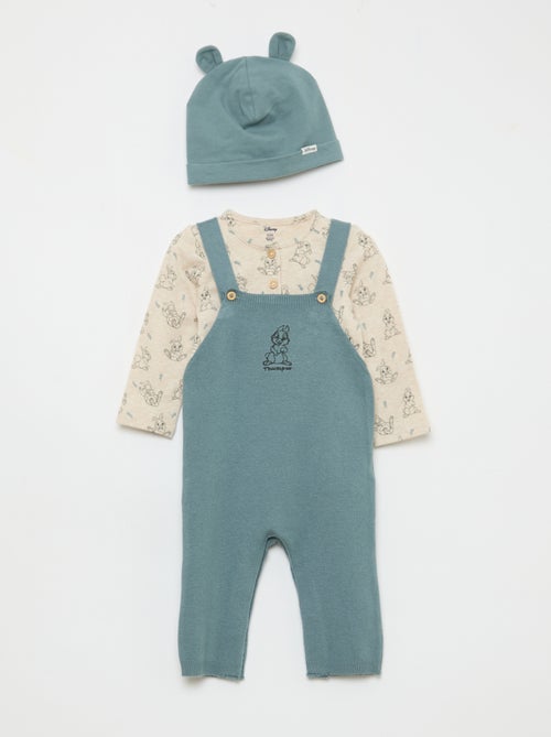 Conjunto body + jardineira de malha + gorro 'Disney' - 3 peças - Kiabi