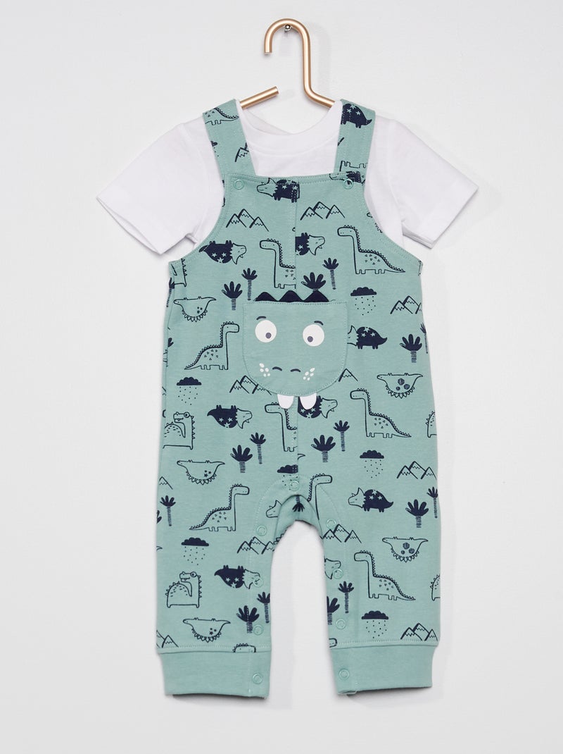 Conjunto body + jardineiras 'dinossauro' BEGE - Kiabi