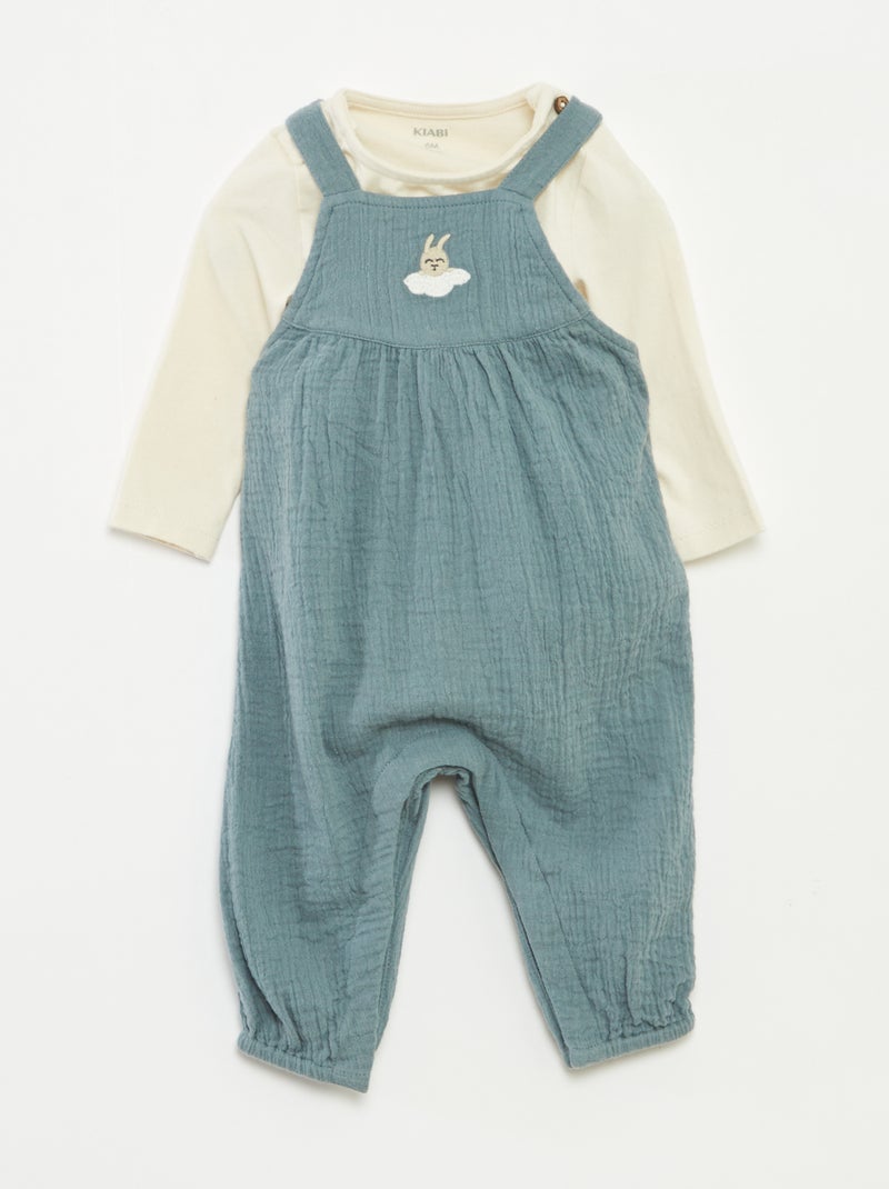 Conjunto body + jardineiras em gaze de algodão - 2 peças Azul - Kiabi