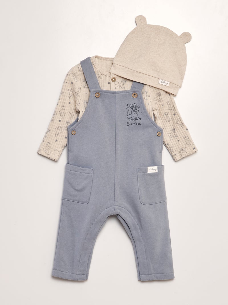Conjunto body + jardineiras + gorro 'Simba' - 3 peças AZUL - Kiabi