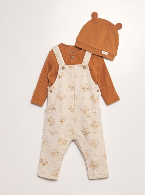 Conjunto body + jardineiras + gorro 'Tico e Teco' - 3 peças - Kiabi