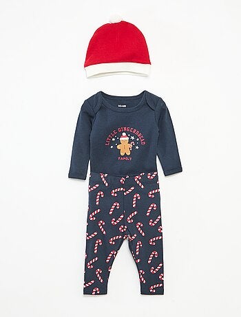 Conjunto body + leggings + gorro Natal em algodão