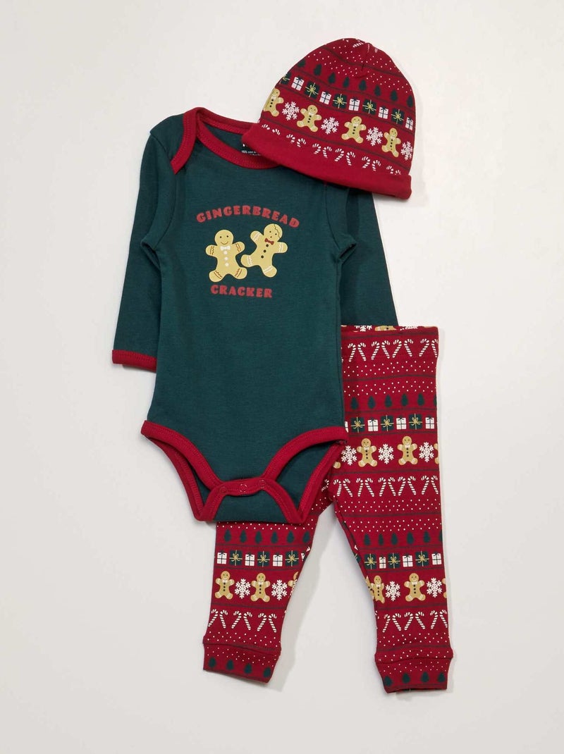 Conjunto body + leggings + gorro - 3 peças Verde - Kiabi