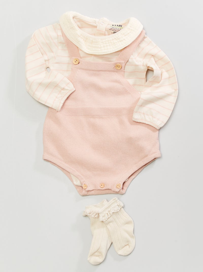 Conjunto body + macacão curto + meias Listrado Rosa - Kiabi