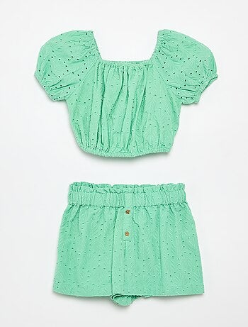 Conjunto bordado de 2 peças - calções + blusa