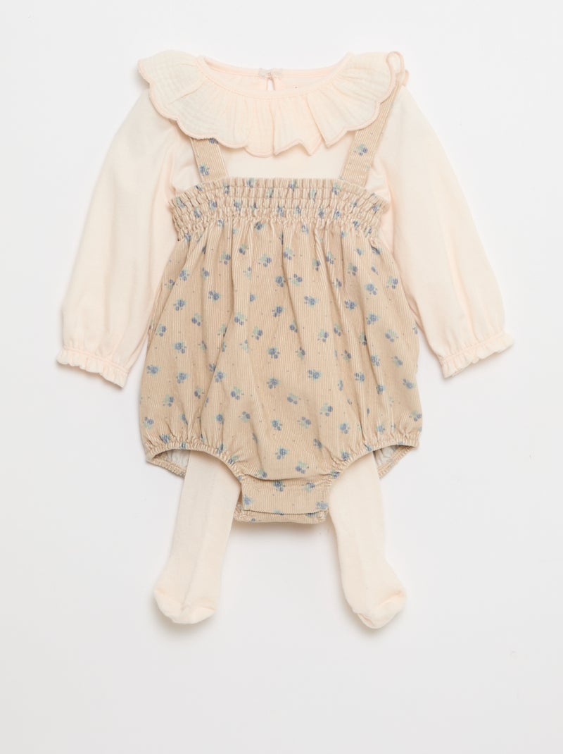 Conjunto calções com alças + t-shirt + collants - 3 peças Bege - Kiabi