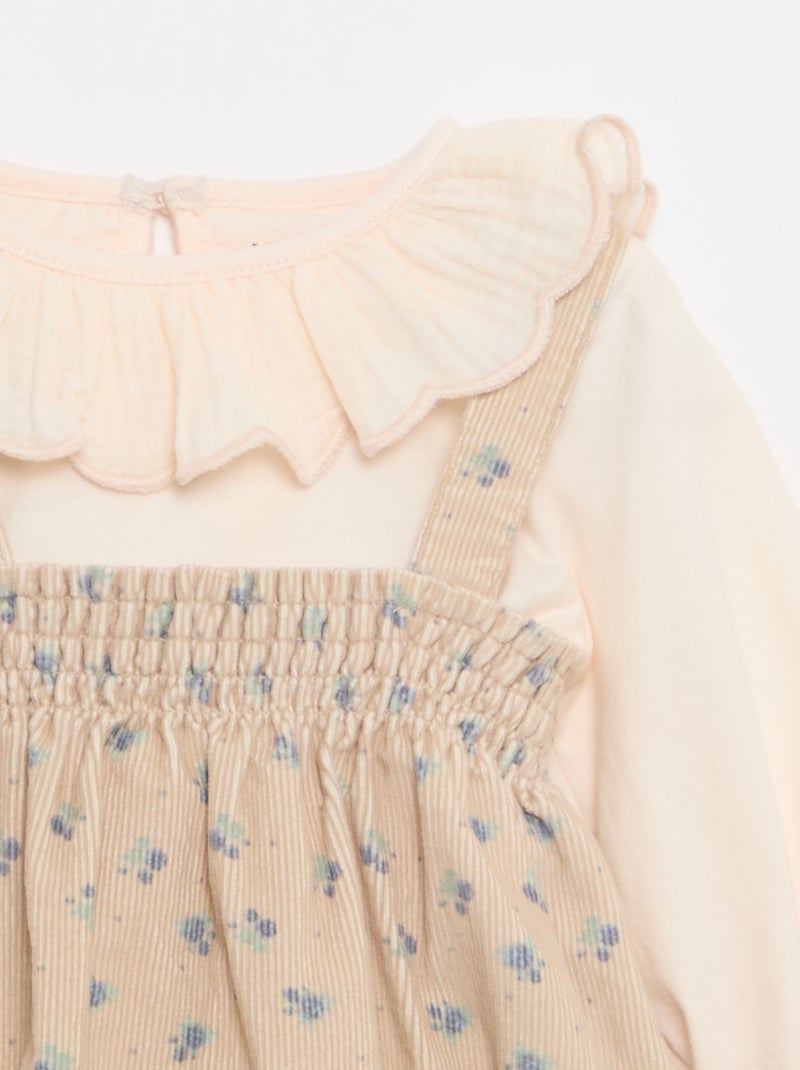 Conjunto calções com alças + t-shirt + collants - 3 peças Bege - Kiabi