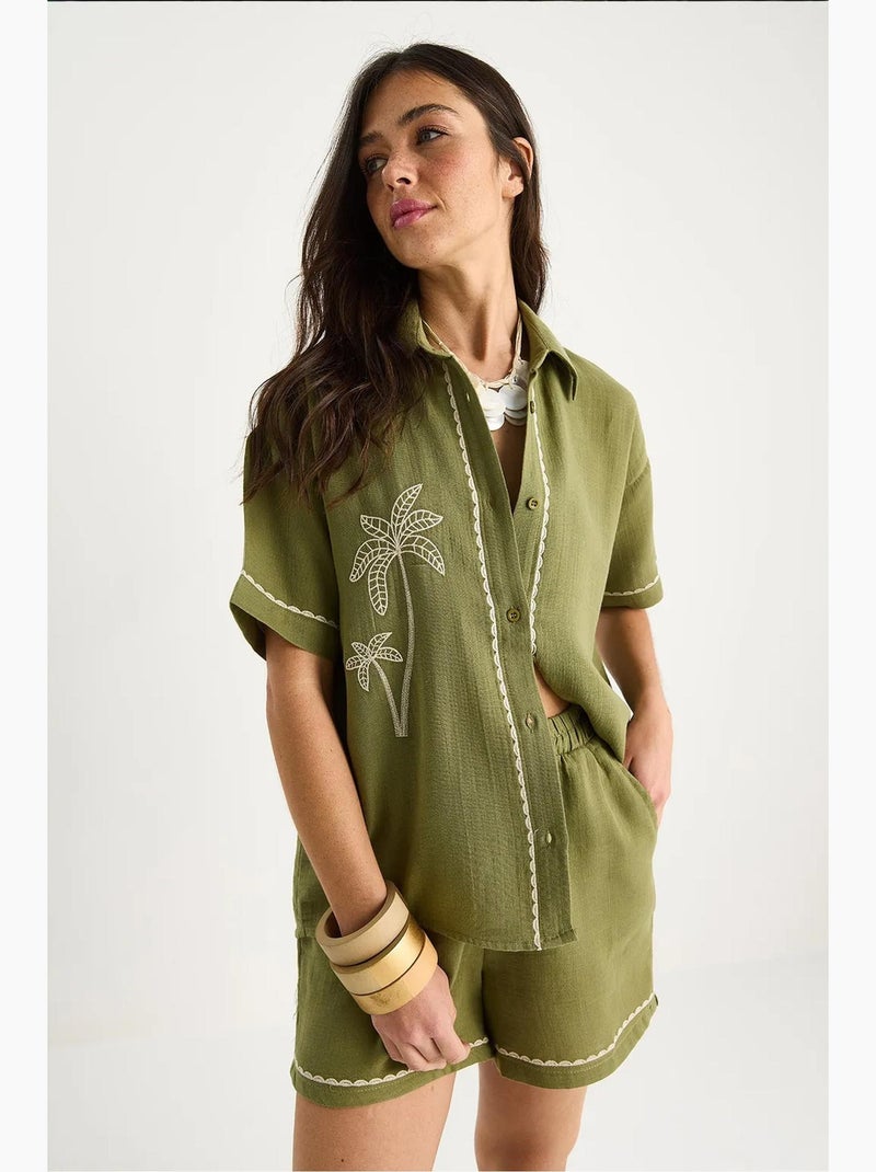 Conjunto camisa bordada com bolso e calções de algodão lucci Verde - Kiabi