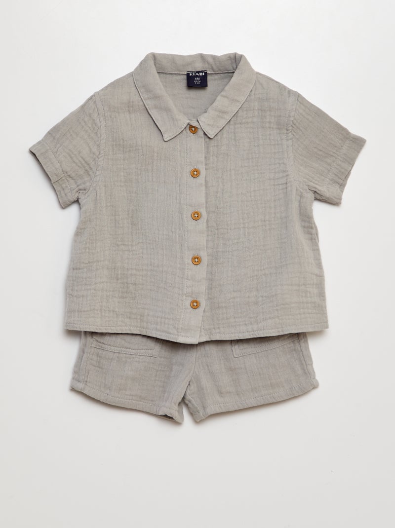 Conjunto camisa + calções em gaze de algodão - 2 peças CINZA - Kiabi