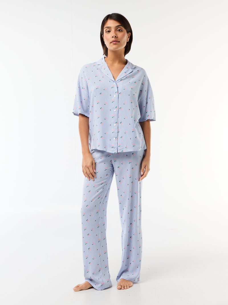 Conjunto camisa de noite às riscas Azul - Kiabi