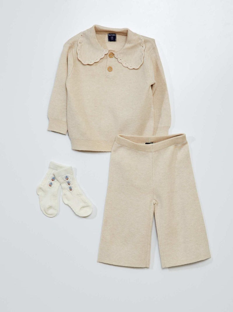 Conjunto camisola + calças + meias - 3 peças bege - Kiabi