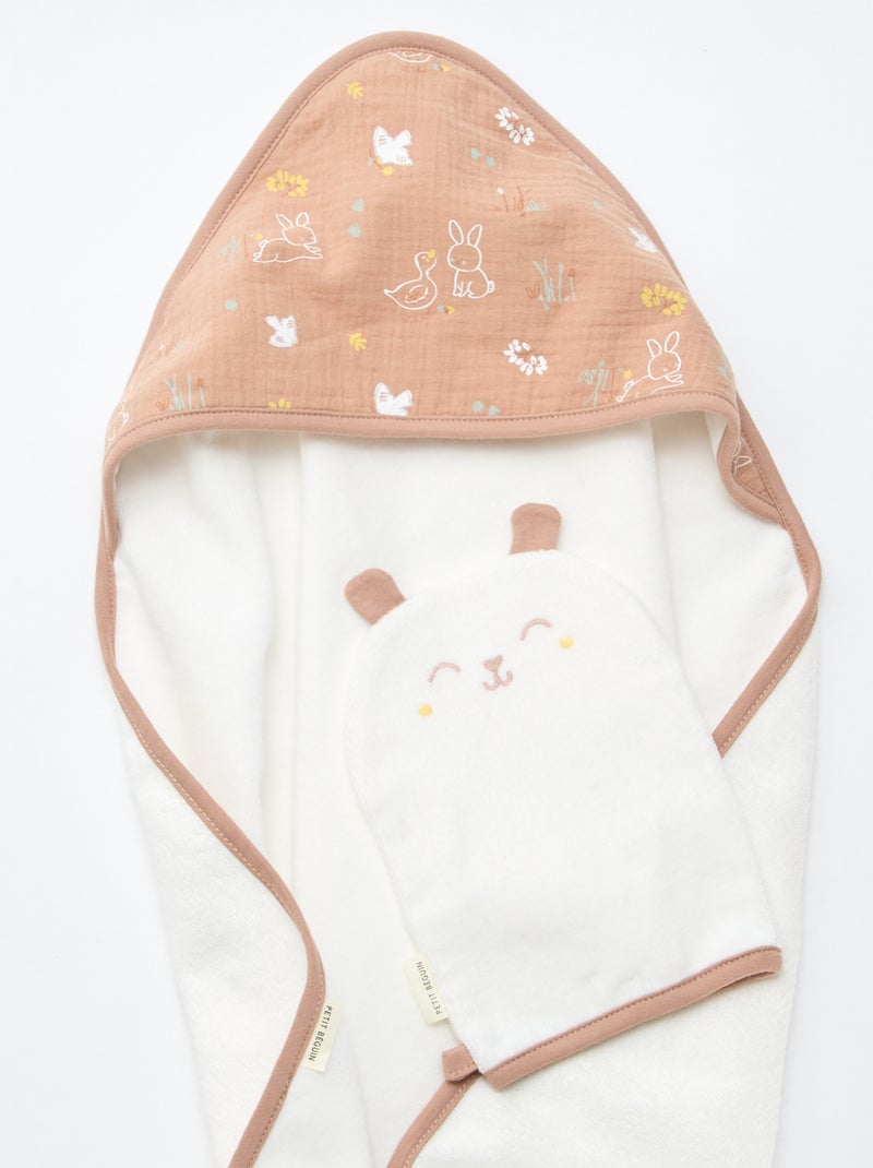 Conjunto capa de banho + luva 'Petit Béguin' Branco - Kiabi