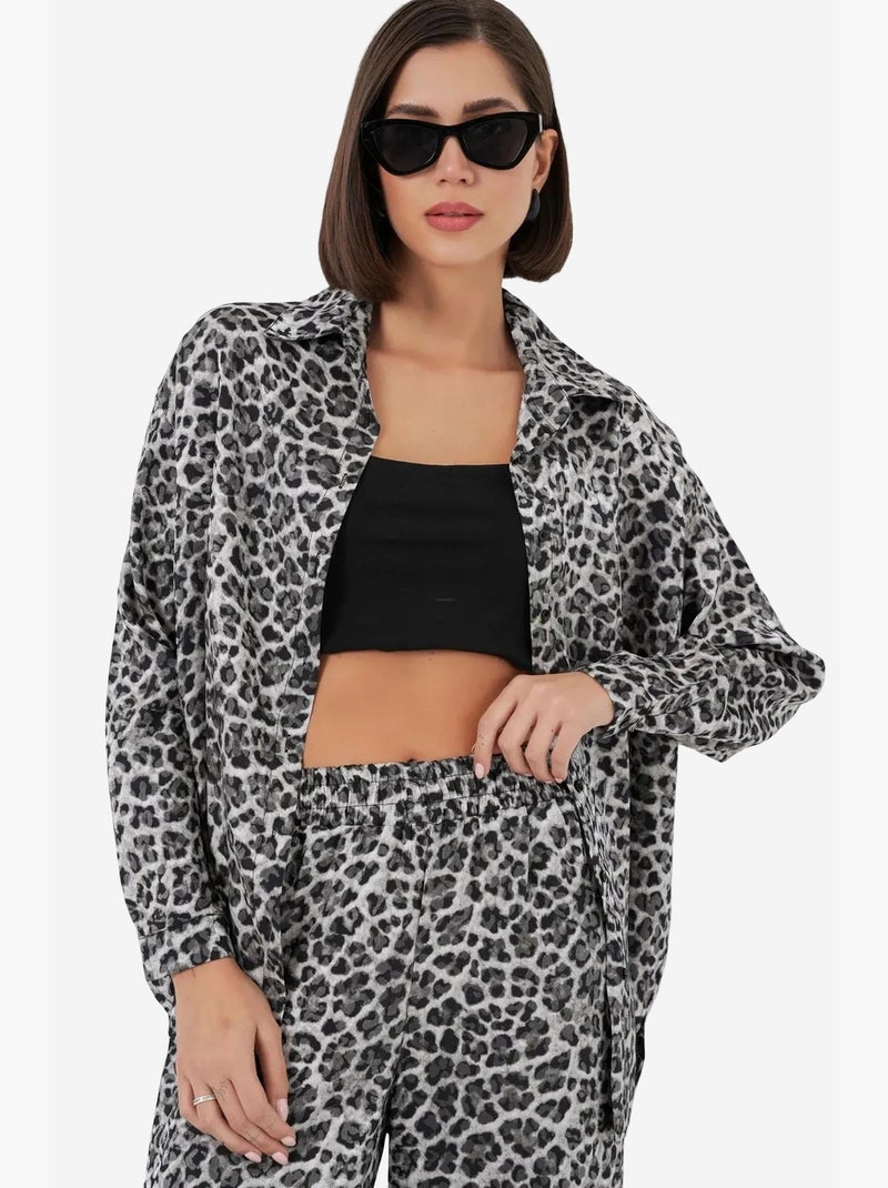 Conjunto cetim camisa estampado leopardo e calças largas bdart Cinza-preto - Kiabi