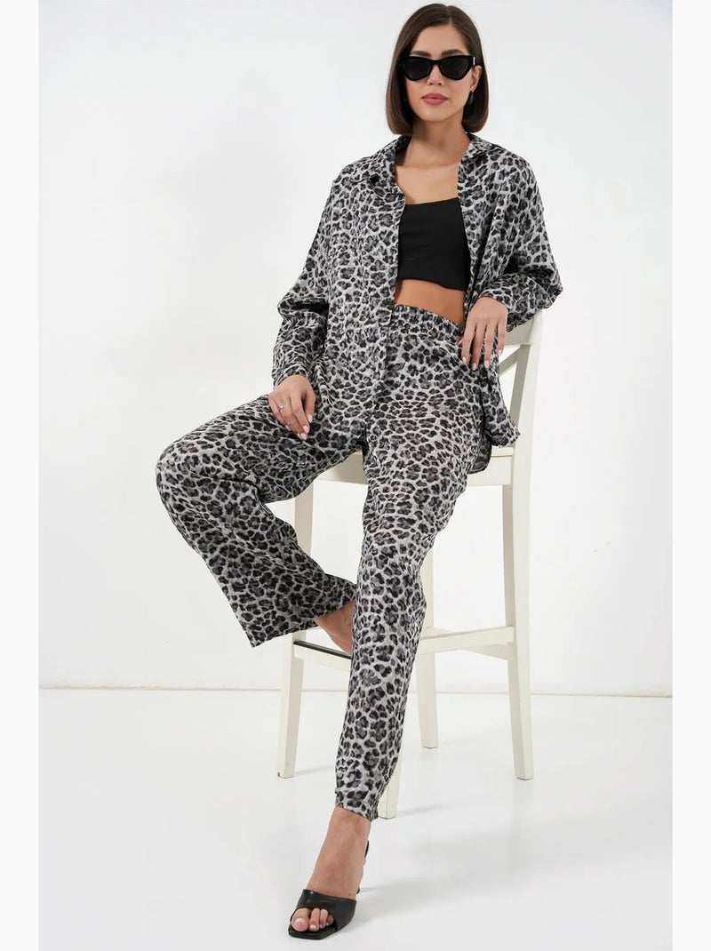 Conjunto cetim camisa estampado leopardo e calças largas bdart Cinza-preto - Kiabi