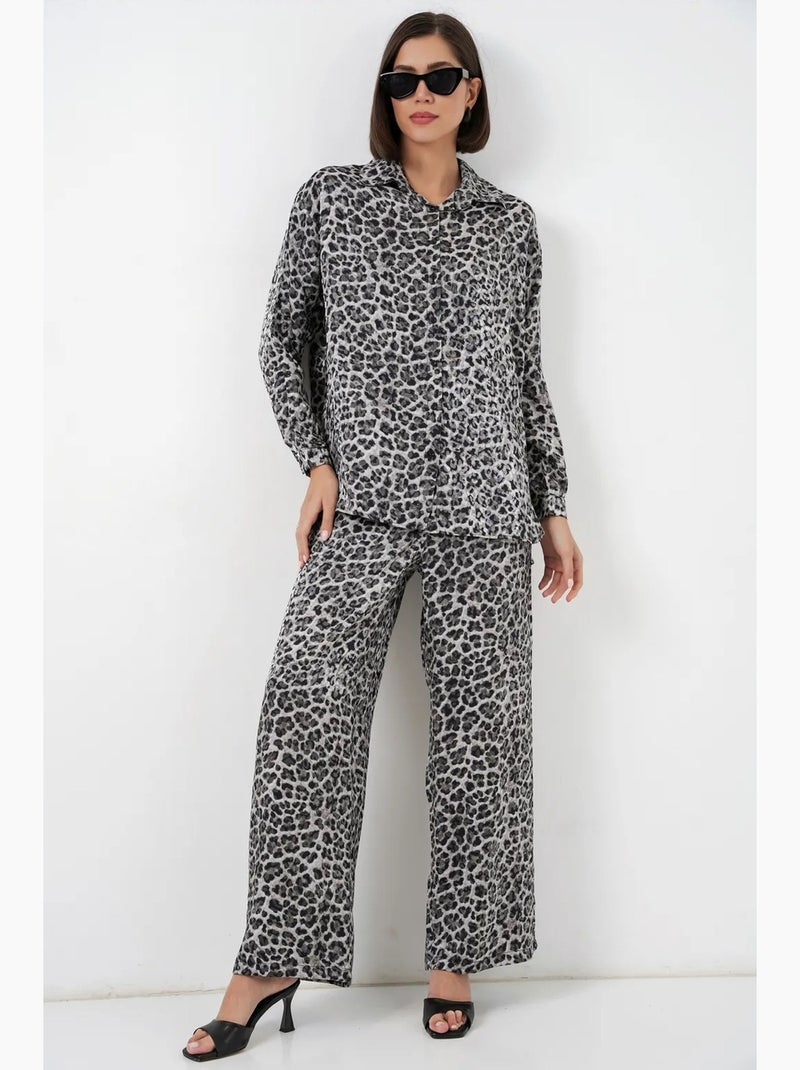 Conjunto cetim camisa estampado leopardo e calças largas bdart Cinza-preto - Kiabi
