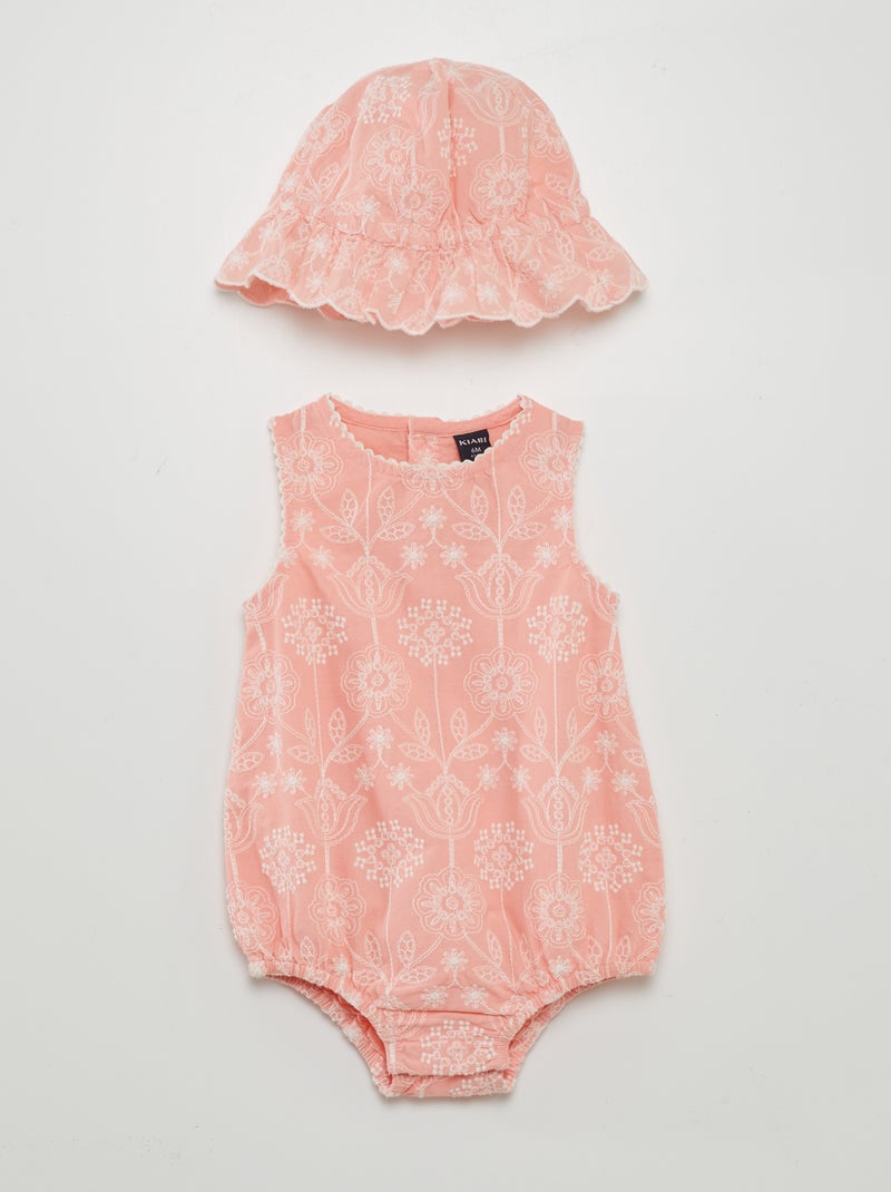 Conjunto chapéu + macacão curto bordado ROSA - Kiabi