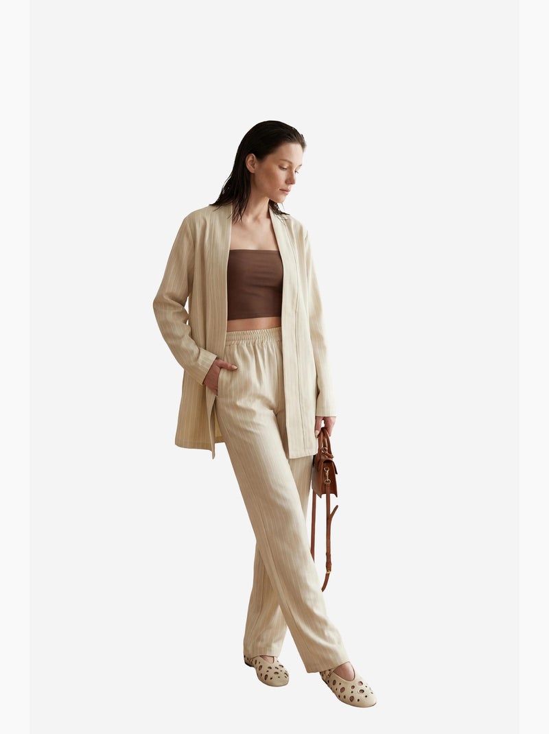 Conjunto co-ord de duas peças às riscas com colarinho aberto my fashion Bege-argila - Kiabi