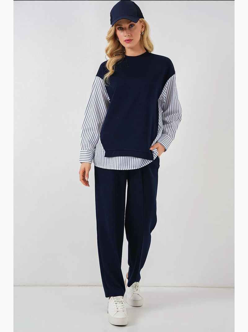 Conjunto co-ord de duas peças às riscas comprido com decote redondo bdart Azul-marinho - Kiabi