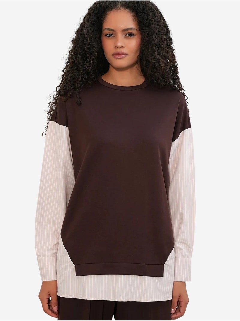 Conjunto co-ord de duas peças às riscas comprido com decote redondo bdart Castanho-escuro - Kiabi