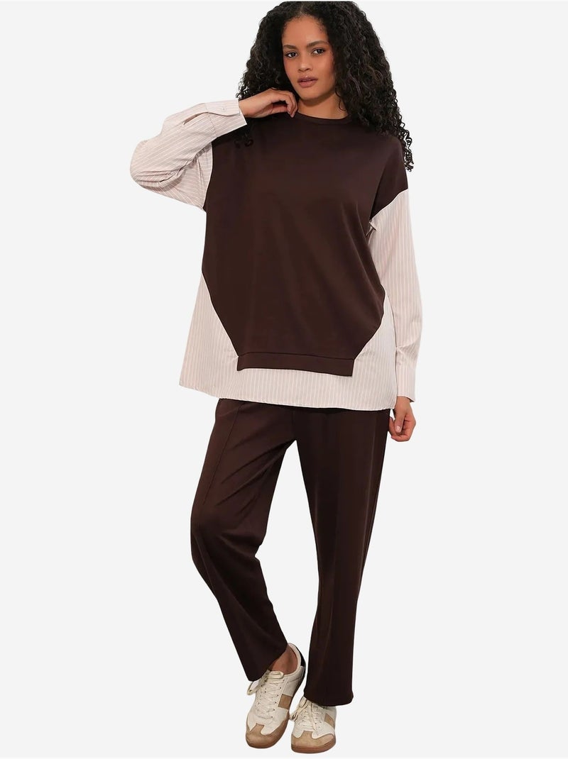 Conjunto co-ord de duas peças às riscas comprido com decote redondo bdart Castanho-escuro - Kiabi